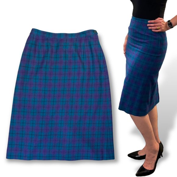 Vintage 80s Pendleton Plaid Skirt Suit Blazer Jacket Purple Aqua Blue Green M/L - Picture 4 of 11